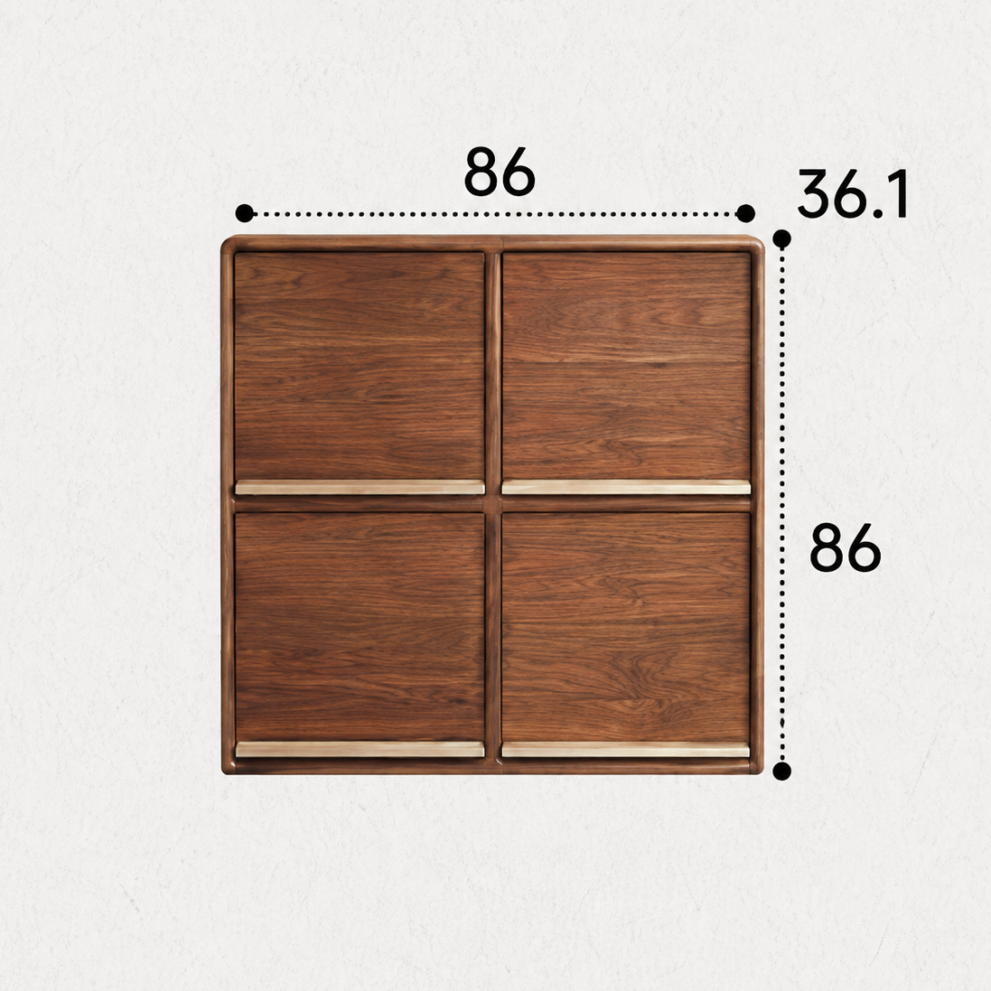 4-compartment walnut storage cabinet measuring 86 cm wide, 86 cm high and 36.1 cm deep.