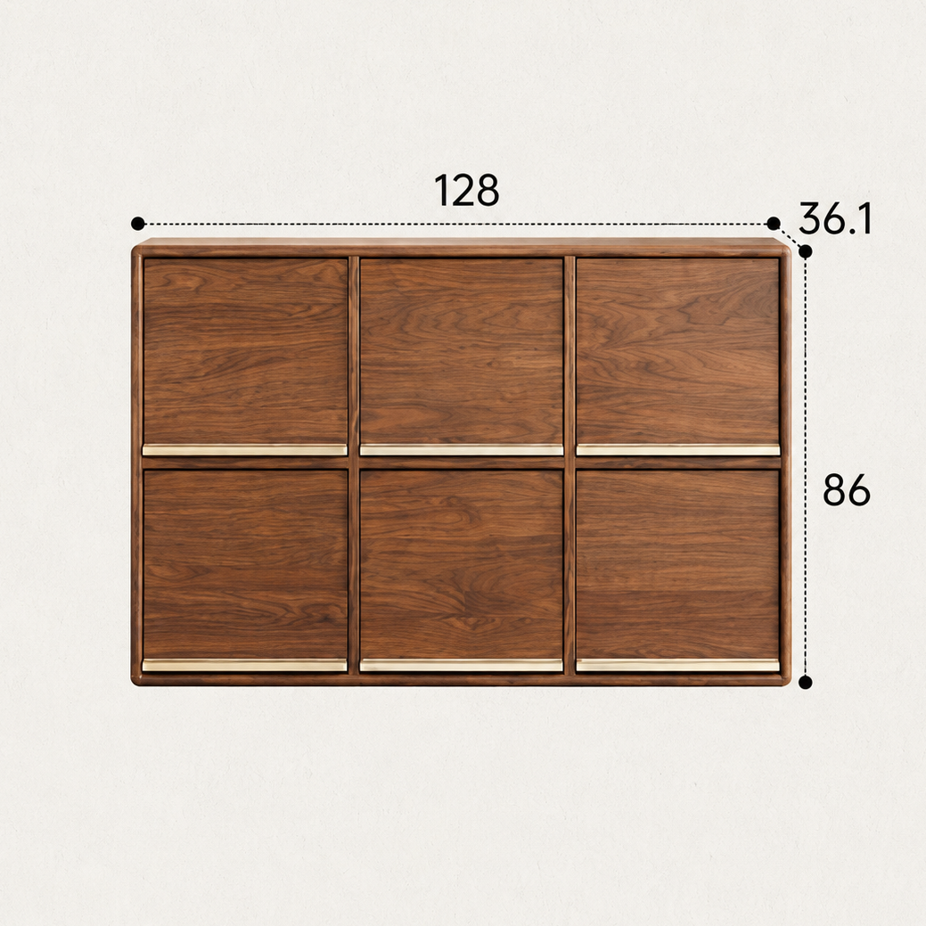 6-compartment walnut storage cabinet measuring 128 cm wide, 86 cm high and 36.1 cm deep.