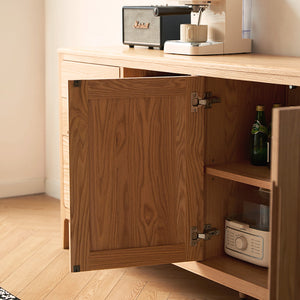 a wooden cabinet with a microwave and a toaster on top of it