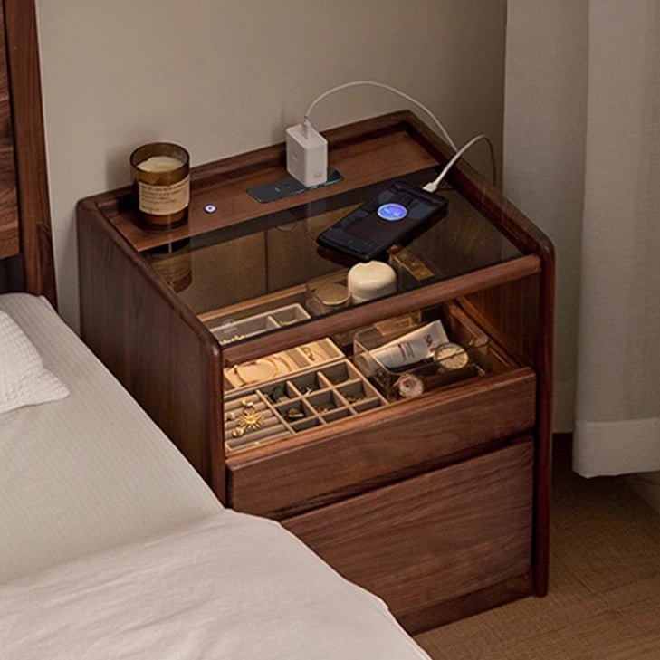 Achen Natural Solid Oak Bedside Table in Walnut Colour - Oak Furniture Store