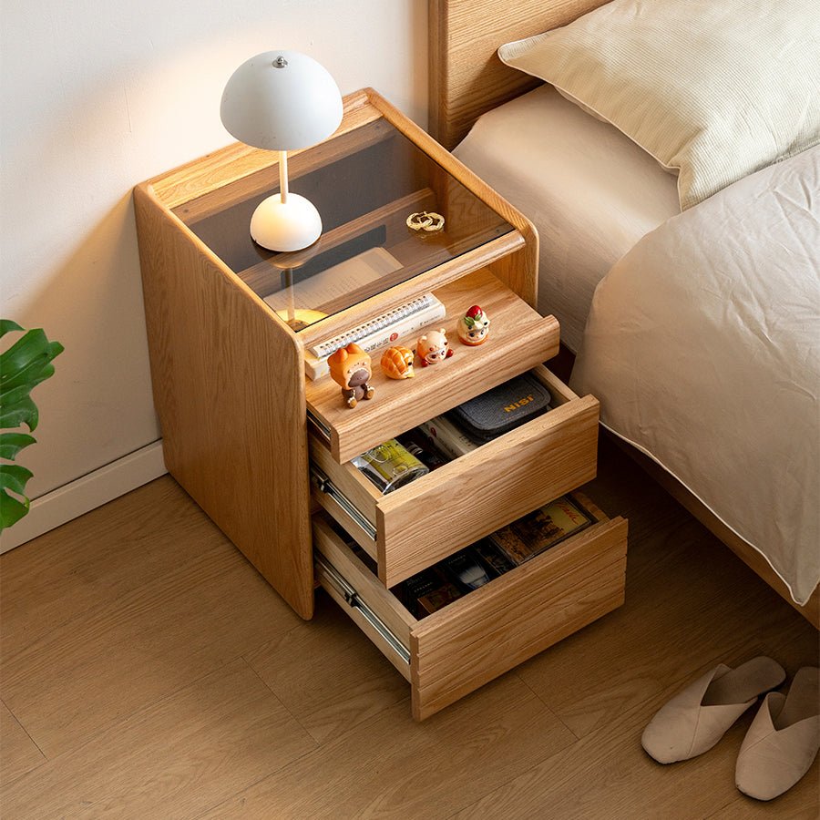 Achen Natural Solid Oak Movable Bedside Table | Oak Furniture Store