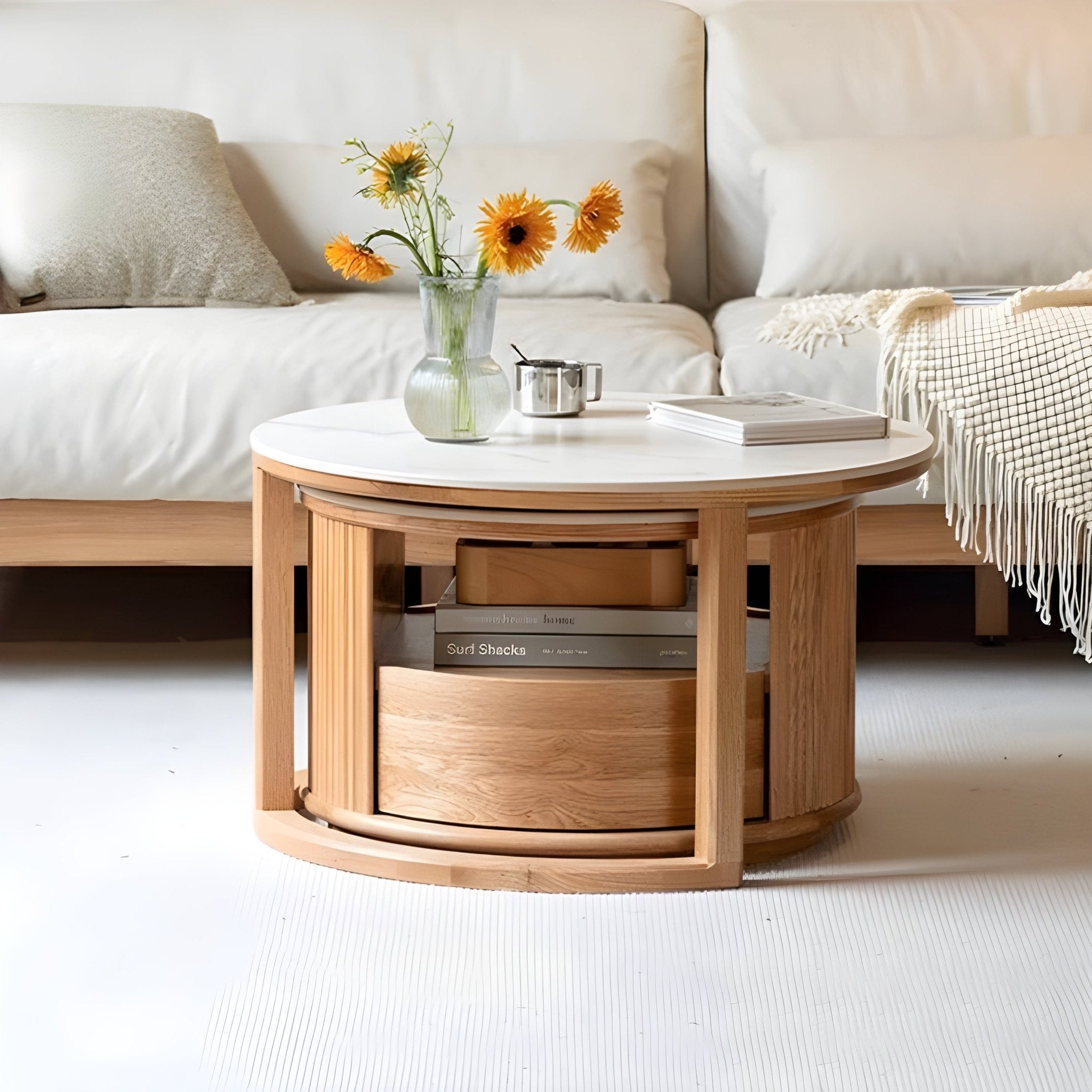 Anders Natural Solid Oak Coffee Table Set | round coffee table blocks with marble top for NZ living room |Oak Furniture Store