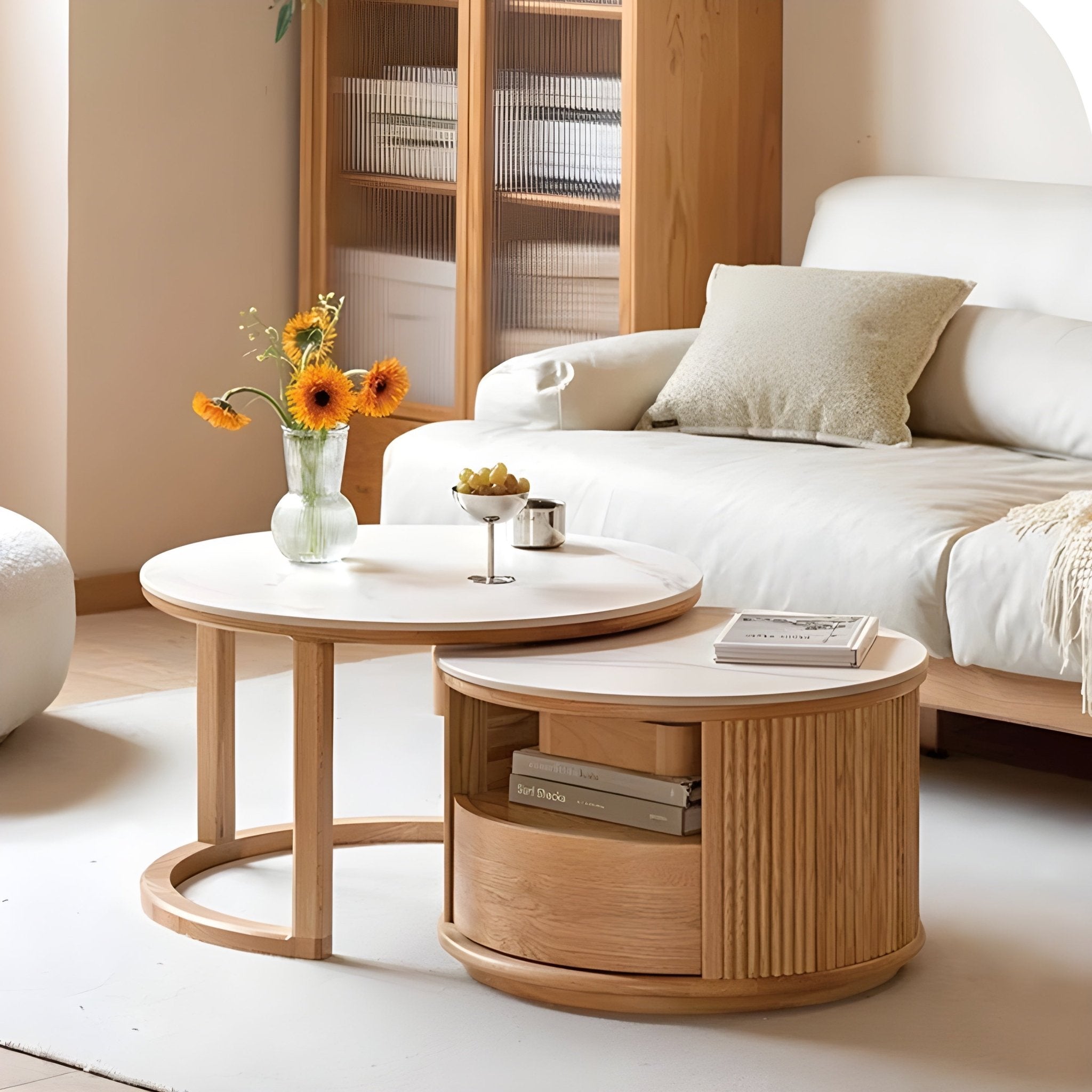 Anders Natural Solid Oak Coffee Table Set | round coffee table blocks with marble top for NZ living room |Oak Furniture Store