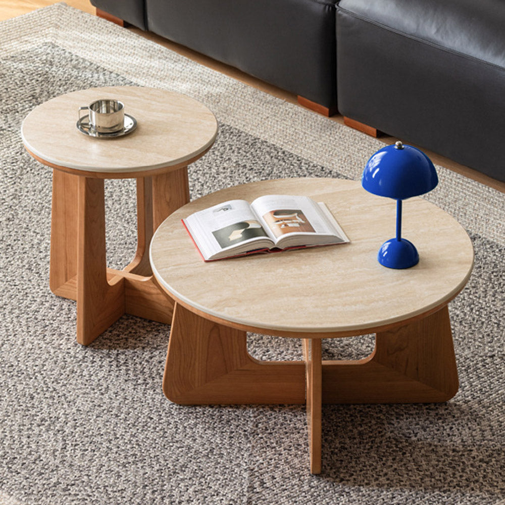 Anela natural solid cherry coffee table set with travertine-look sintered stone top in a modern organic Kiwi living room