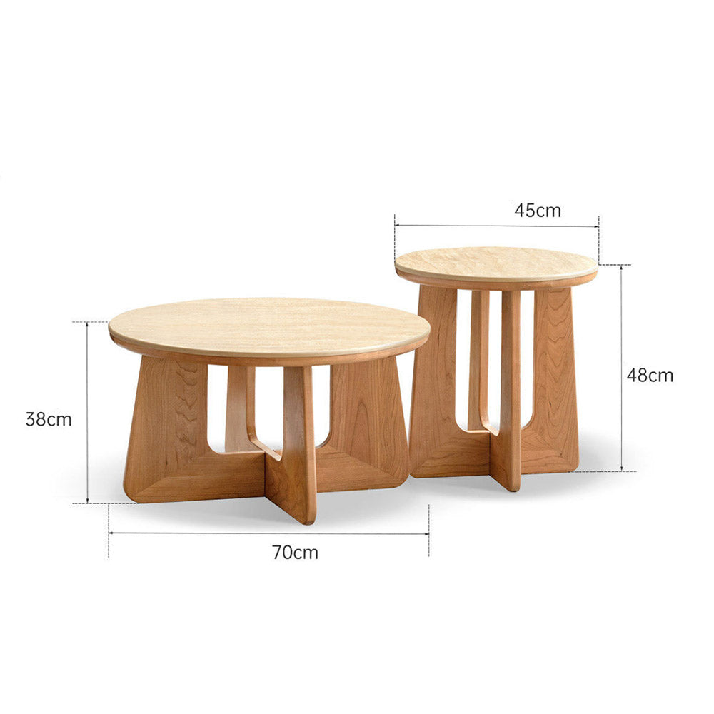 Anela natural solid cherry coffee table set with travertine-look sintered stone top in a modern organic Kiwi living room