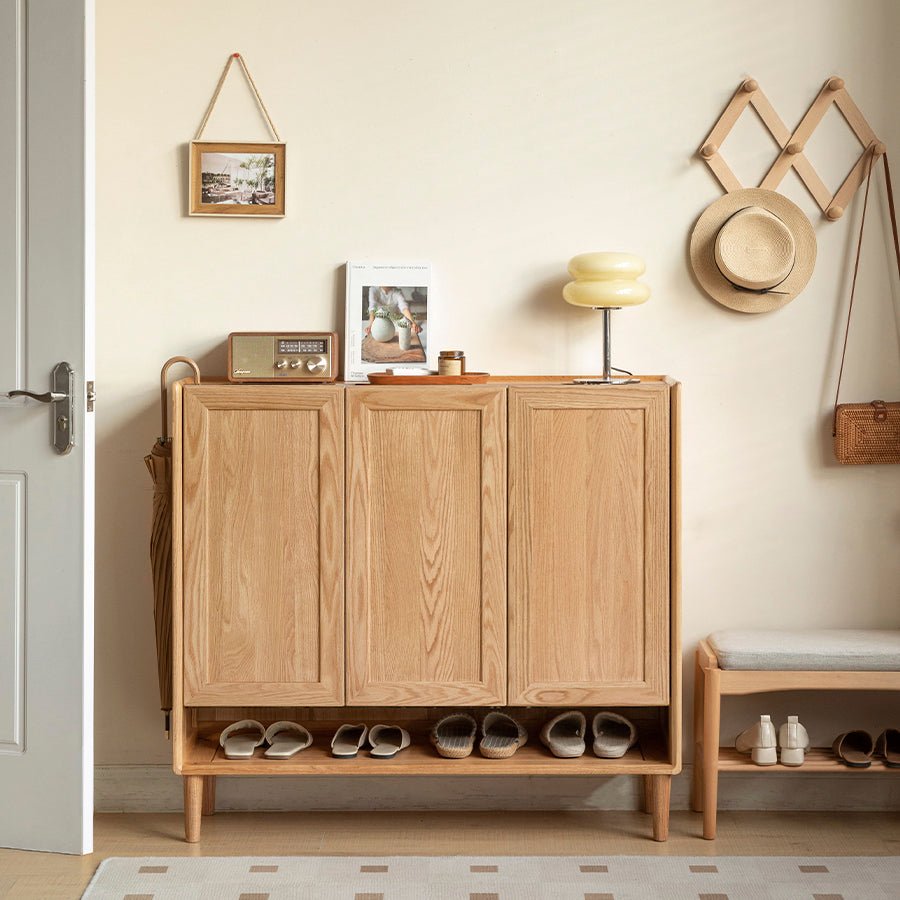 Arches Solid Oak Bottom Open Shelf Shoe Cabinet | Oak Furniture Store