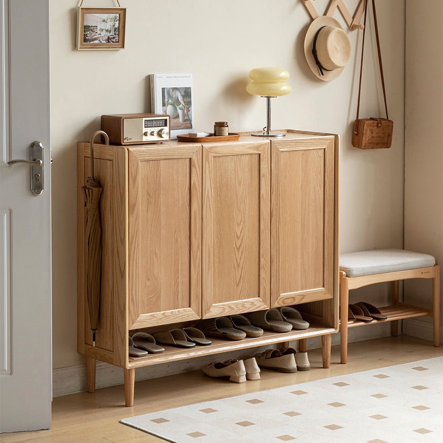 Arches Solid Oak Bottom Open Shelf Shoe Cabinet | Oak Furniture Store