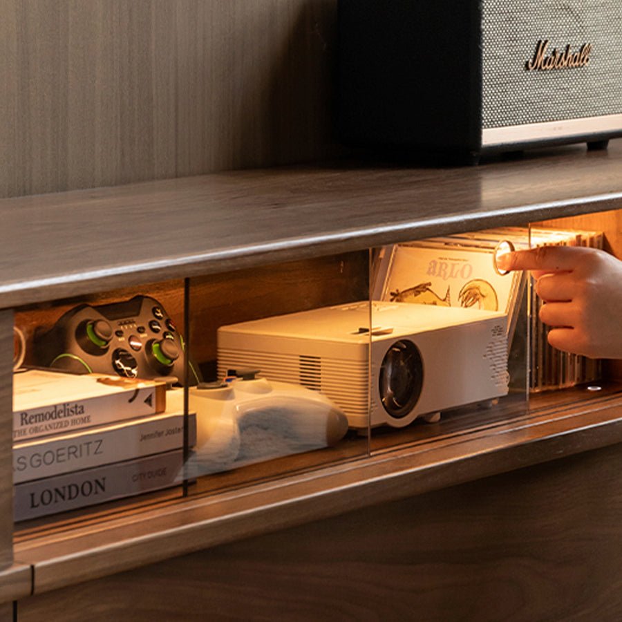 Aurin Solid Walnut Floor Standing Entertainment Unit with LED Light | Oak Furniture Store