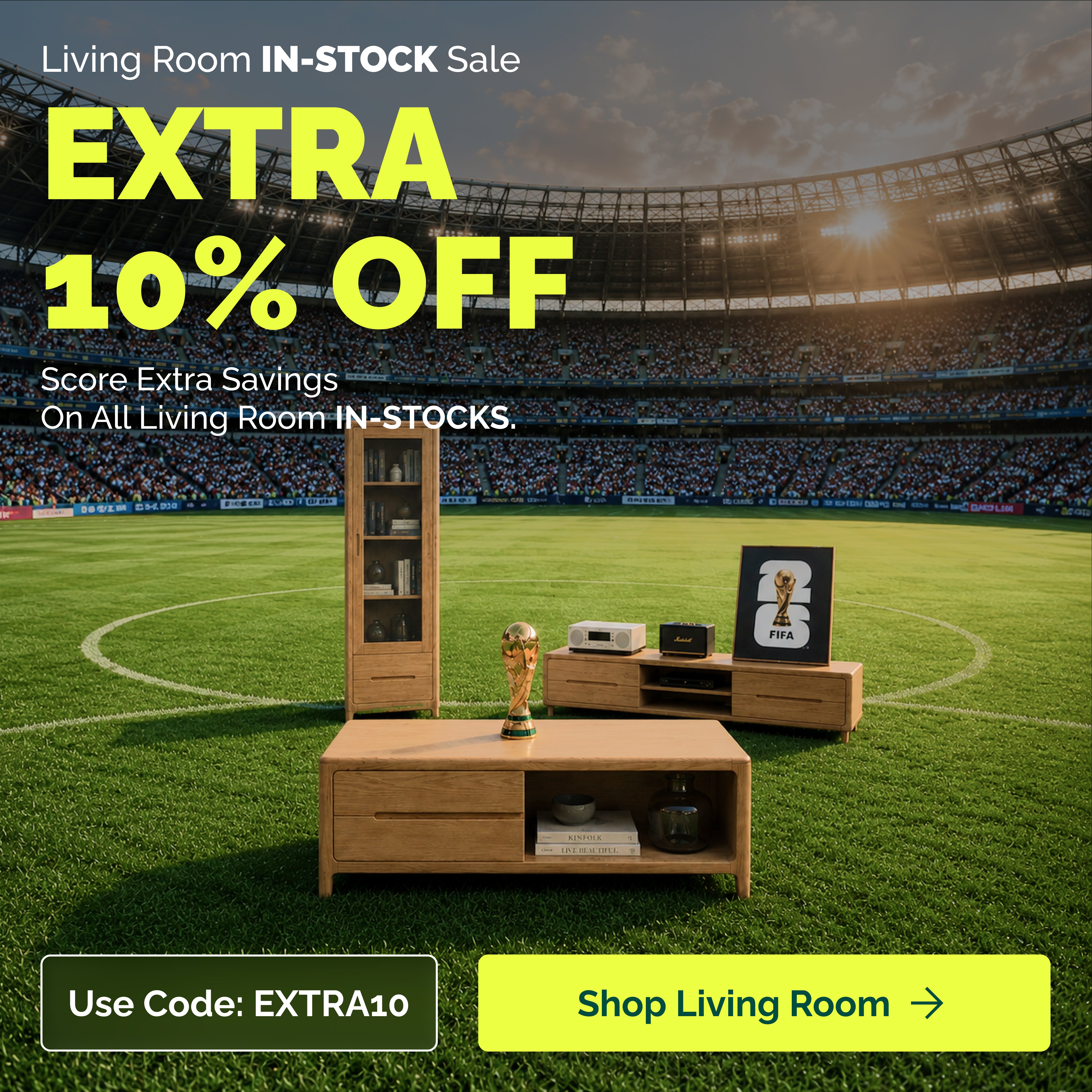 Oak Furniture Store Australia living room in-stock sale featuring extra 10 percent off oak living room furniture including a coffee table, entertainment unit and display cabinet