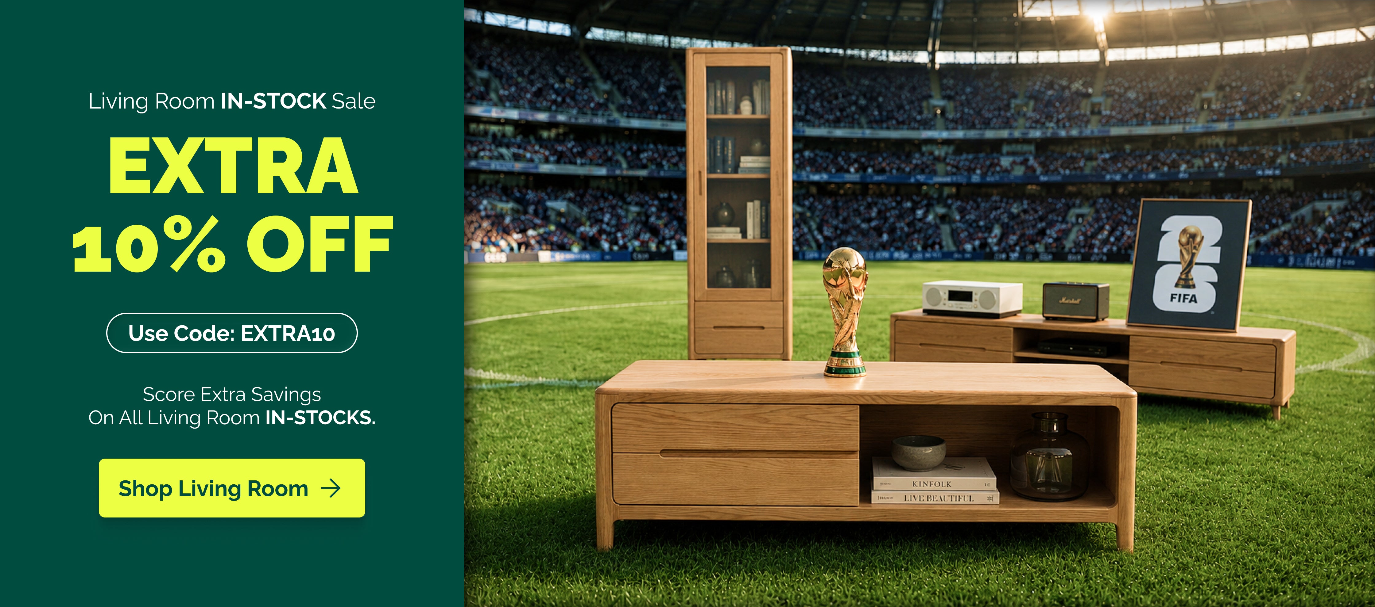 Living room in-stock sale at Oak Furniture Store Australia featuring extra 10 percent off wooden living room furniture including a coffee table, TV unit and display cabinet