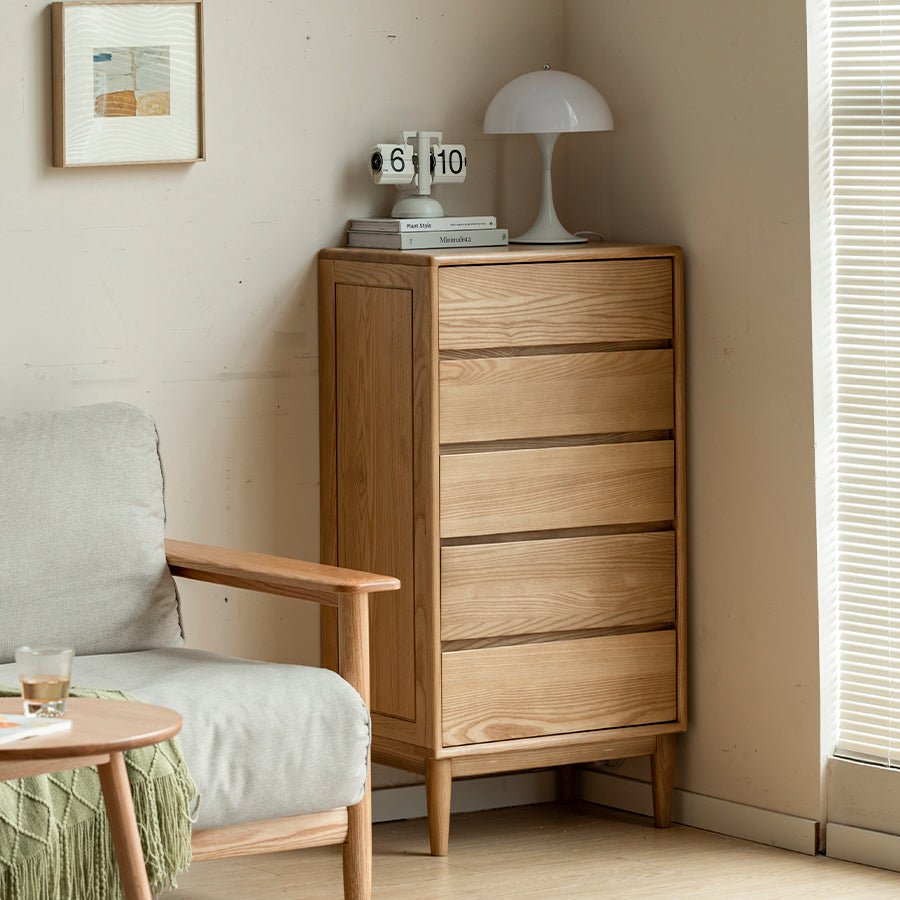 Auzers Solid Ash 5 Drawers Tall boy | Oak Furniture Store