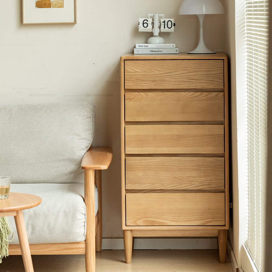 Auzers Solid Ash 5 Drawers Tall boy | Oak Furniture Store