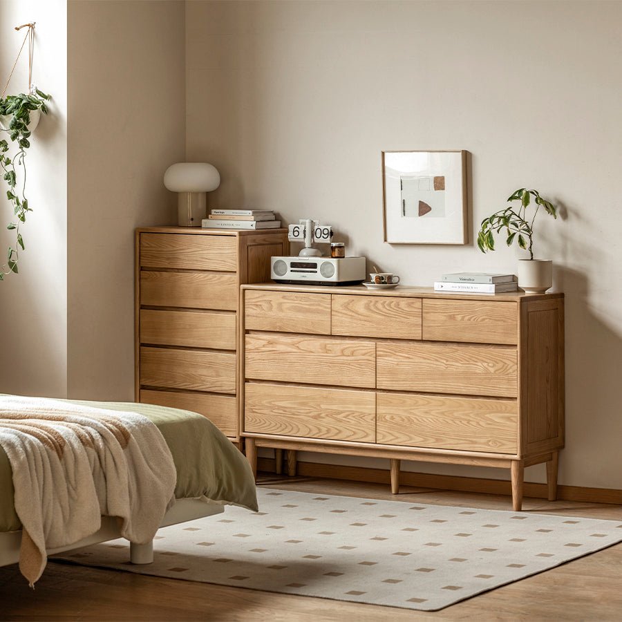 Auzers Solid Ash 5 Drawers Tall boy | Oak Furniture Store