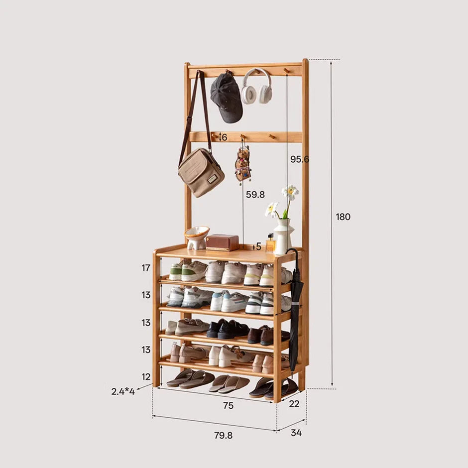 Avola Natural Solid Rubber Wood Shoe Rack with Hooks