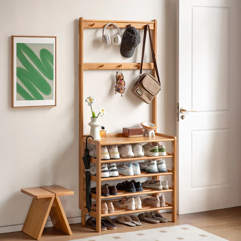 Avola Natural Solid Rubber Wood Shoe Rack with Hooks