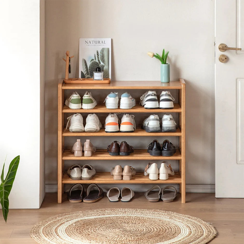 Avola Natural Solid Rubber Wood Shoe Rack with Hooks