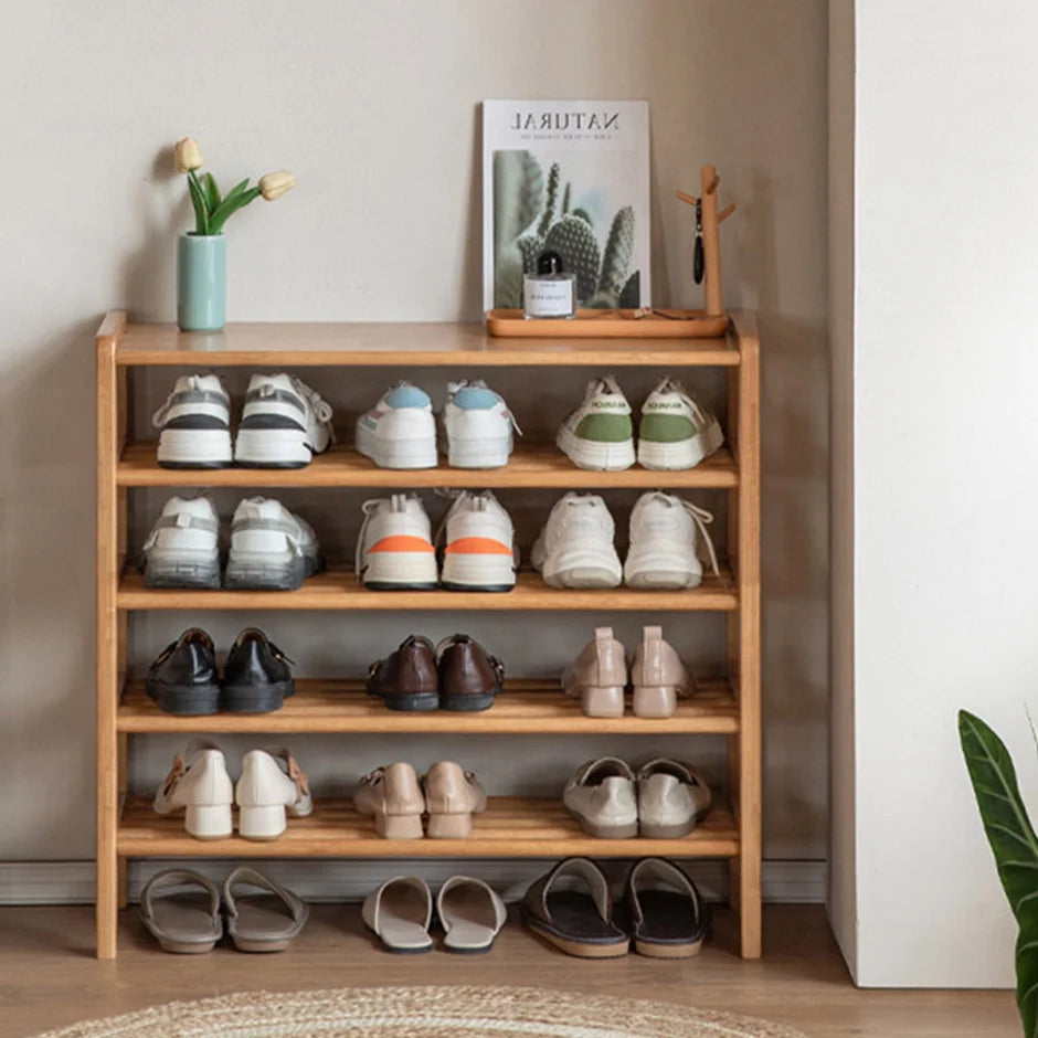 Avola Natural Solid Rubber Wood Shoe Rack with Hooks