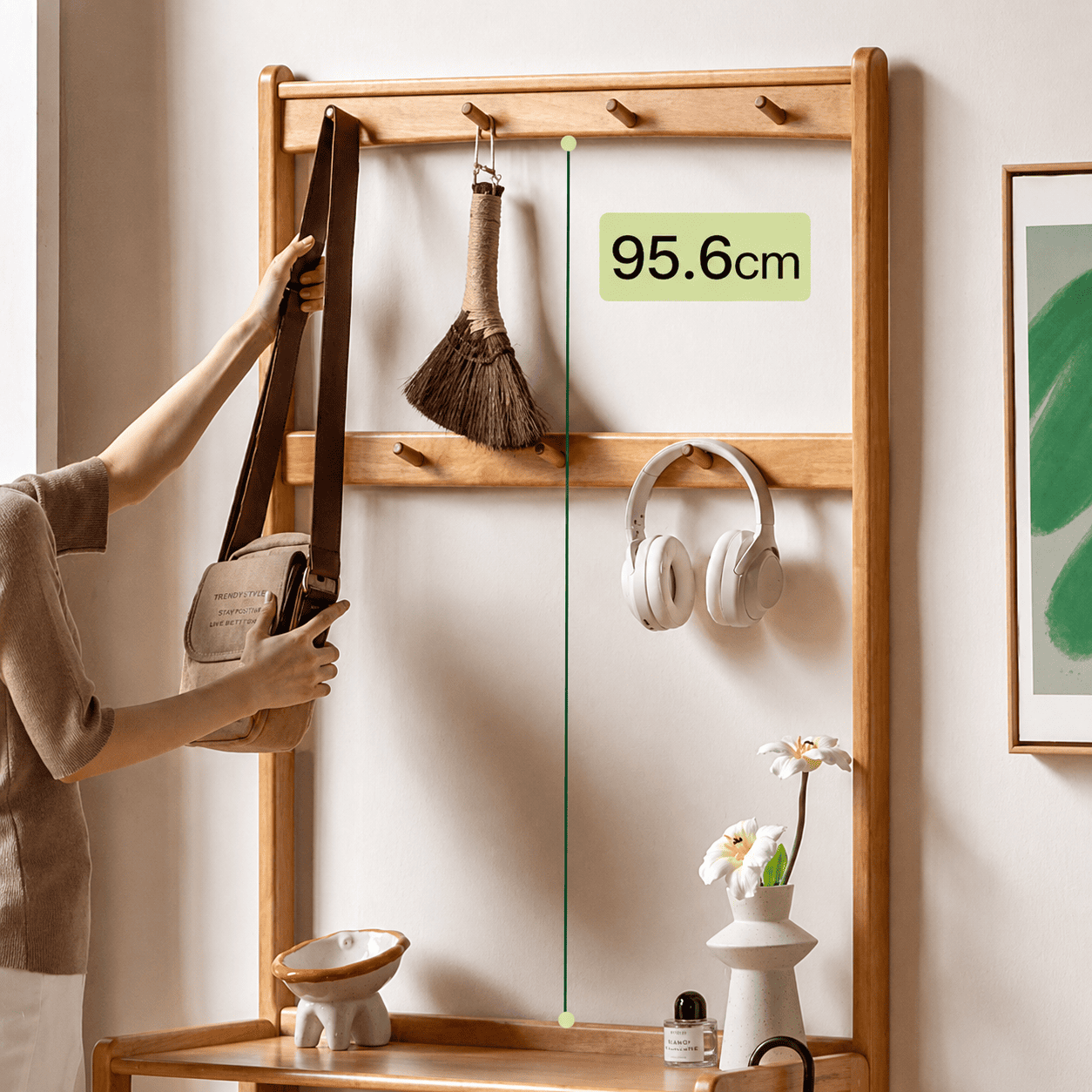 Avola Natural Solid Rubber Wood Shoe Rack with hooks for entryway bags, hats, and shoe storage