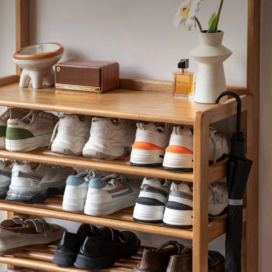Avola Natural Solid Rubber Wood Shoe Rack with Hooks
