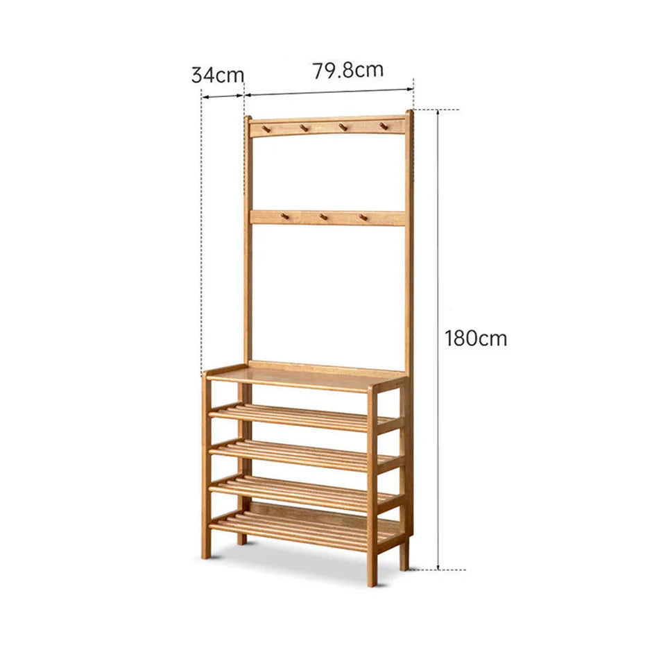 Avola Natural Solid Rubber Wood Shoe Rack with Hooks