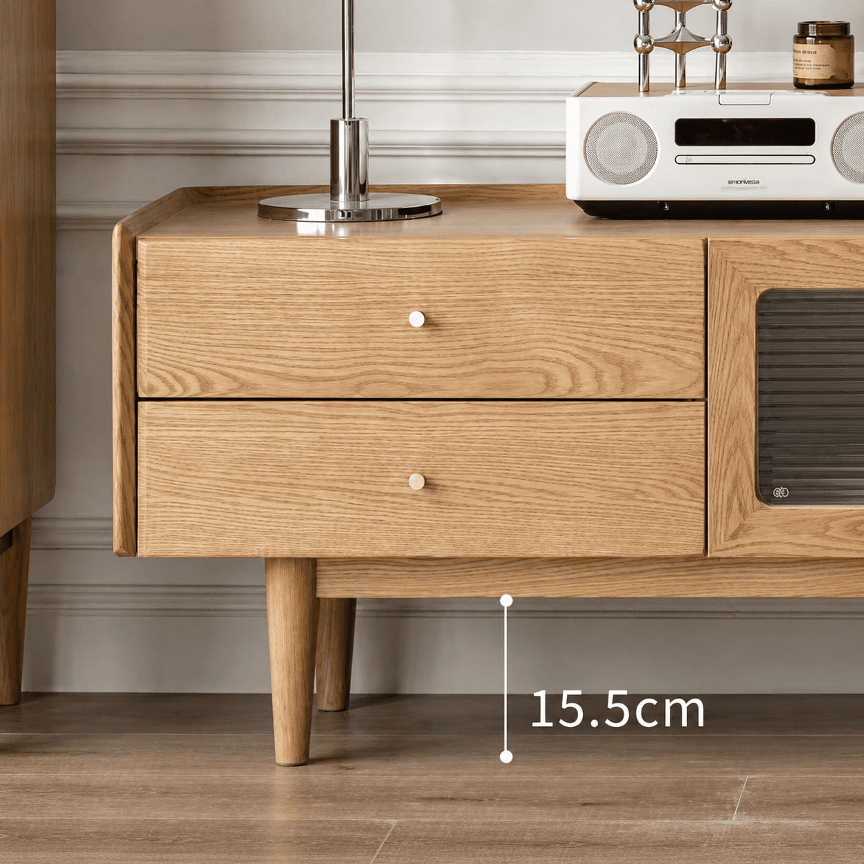 Beverley Natural Solid Oak TV Unit with glass door storage and warm timber finish for living rooms