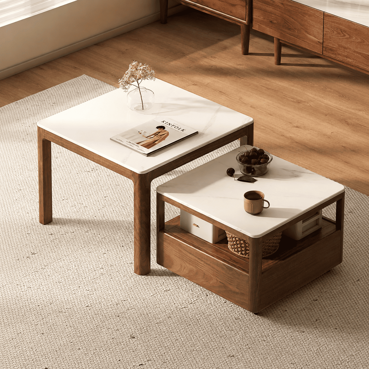 Boise Natural Solid Walnut Coffee Table Set with Ceramic Top