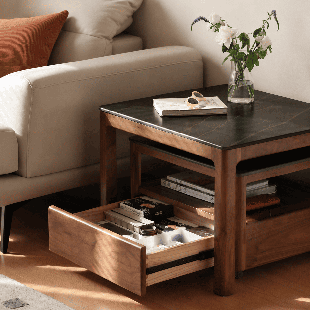 Boise Natural Solid Walnut Coffee Table Set with Ceramic Top