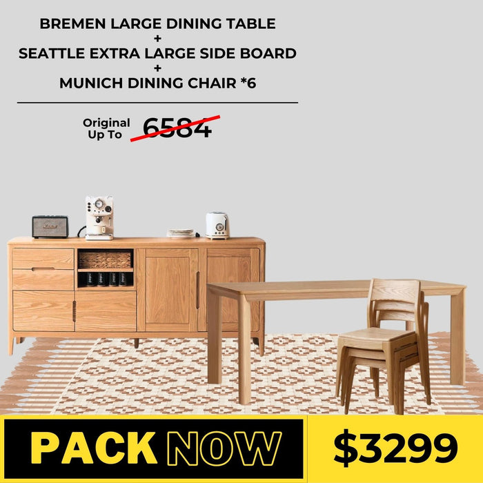 Bremen Solid Oak Dining Table, Seattle Sideboard, and Munich Dining Chair Package