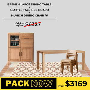 Bremen Solid Oak Dining Table, Seattle Tall Sideboard, and Munich Chair Package - Oak Furniture Store