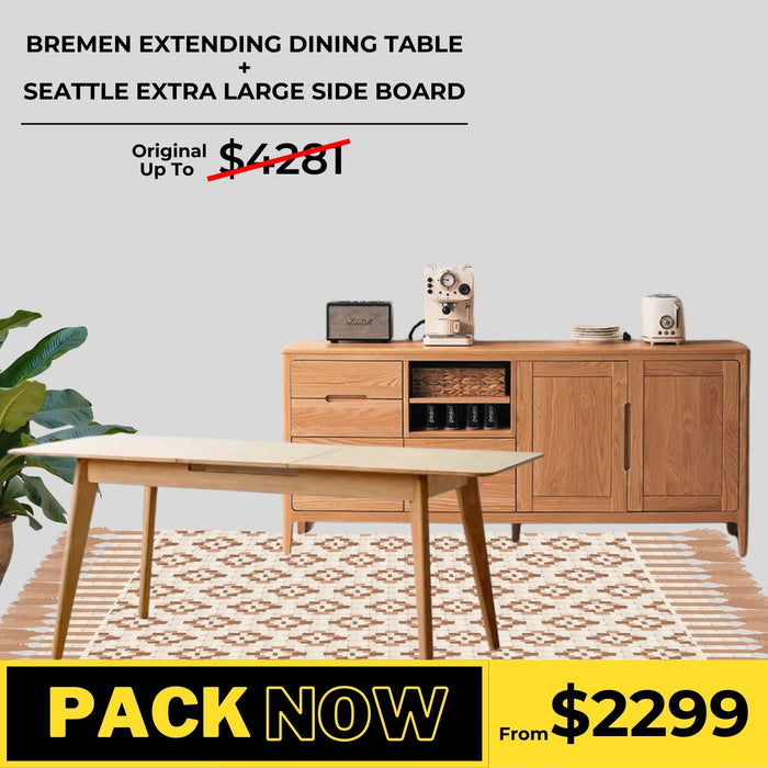 Bremen Solid Oak Extending Dining Table and Seattle Extra Large Sideboard Package