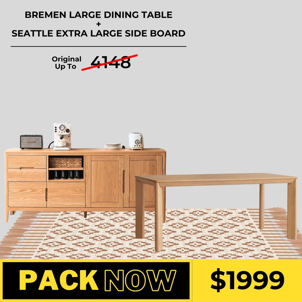 Bremen Solid Oak Large Dining Table and Seattle Extra Large Sideboard Package - Oak Furniture Store