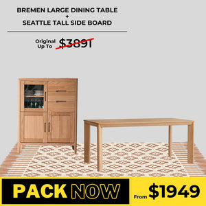 Bremen Solid Oak Large Dining Table and Seattle Tall Sideboard Package - Oak Furniture Store