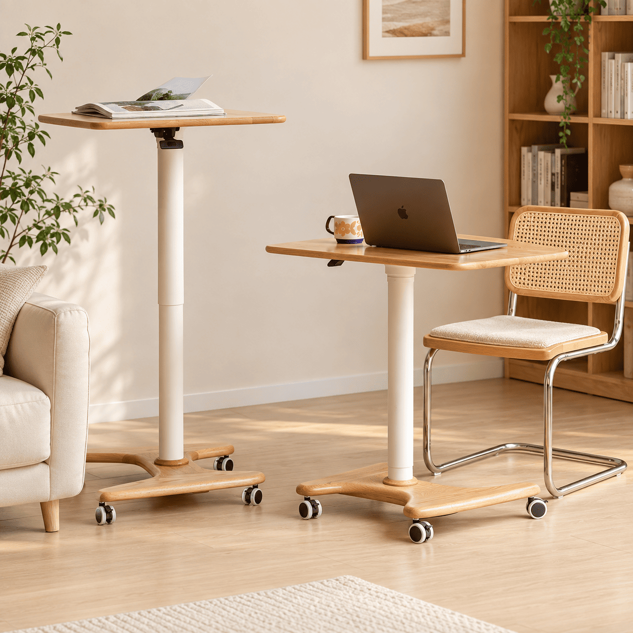 Cary natural solid oak movable small desk shown at sitting and standing heights in a warm living room workspace
