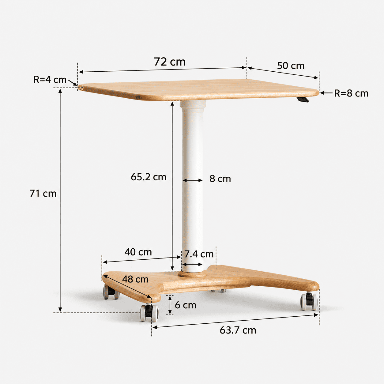 Cary natural solid oak movable small desk dimension image showing 72cm by 50cm tabletop and 71cm height