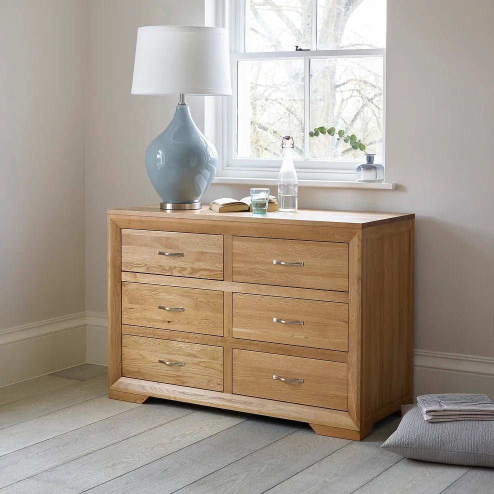 Chamfer Natural Solid Oak Chest of 6 Drawers - Oak Furniture Store