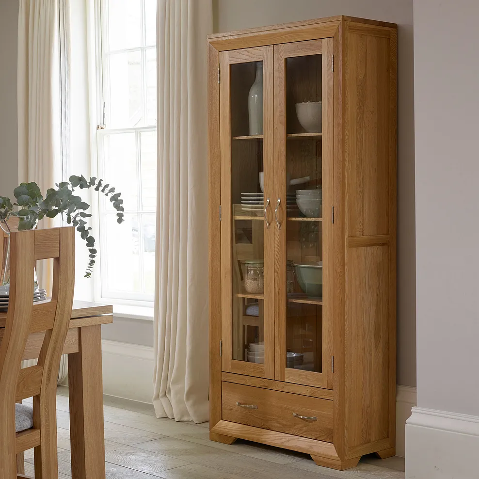 Chamfer Natural Solid Oak Glazed Display/Book Cabinet