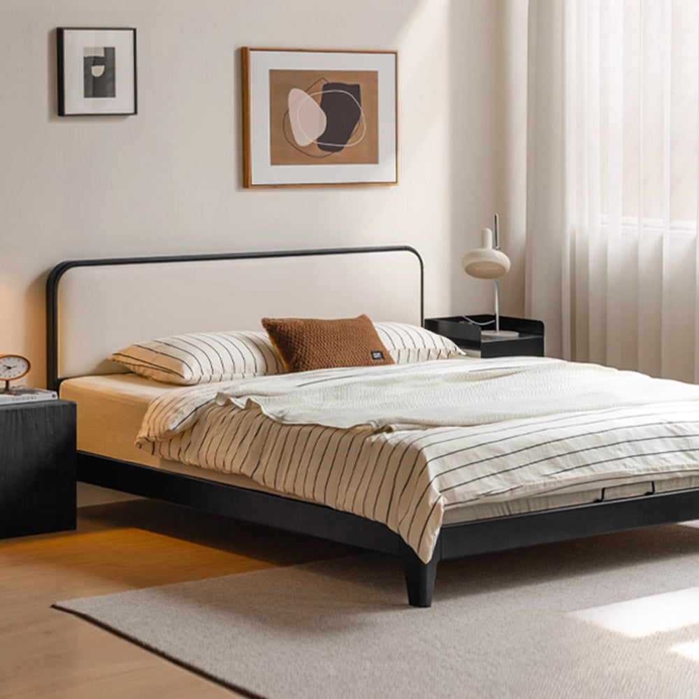 Charcoal Solid Rubber Wood Cushion Back Bed Frame