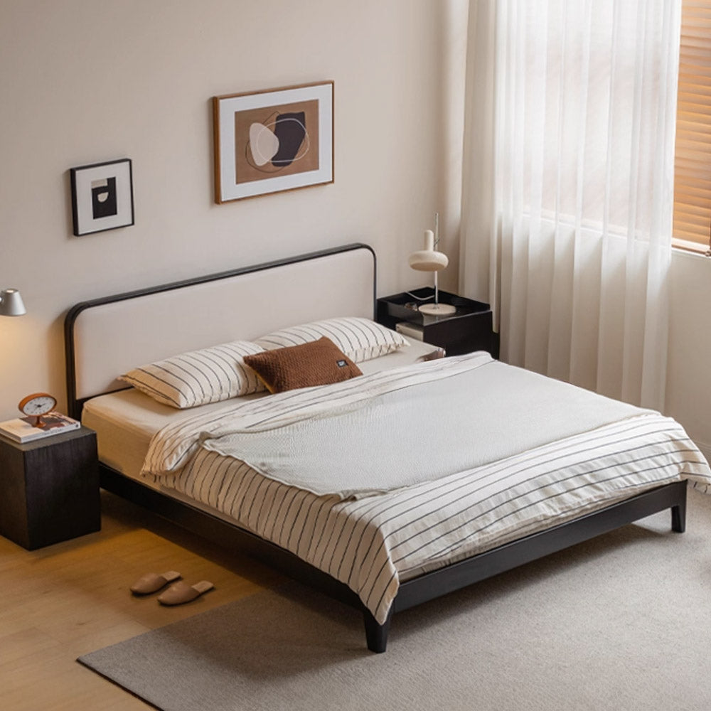 Charcoal Solid Rubber Wood Cushion Back Bed Frame