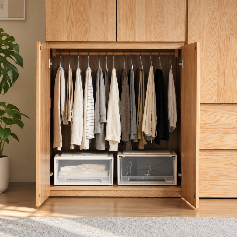 Clovis natural solid oak wardrobe interior with hanging rail and storage boxes