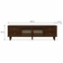Dark walnut TV unit dimensions showing 200 cm width, 40 cm depth and 54 cm height with fluted glass doors and four storage drawers.