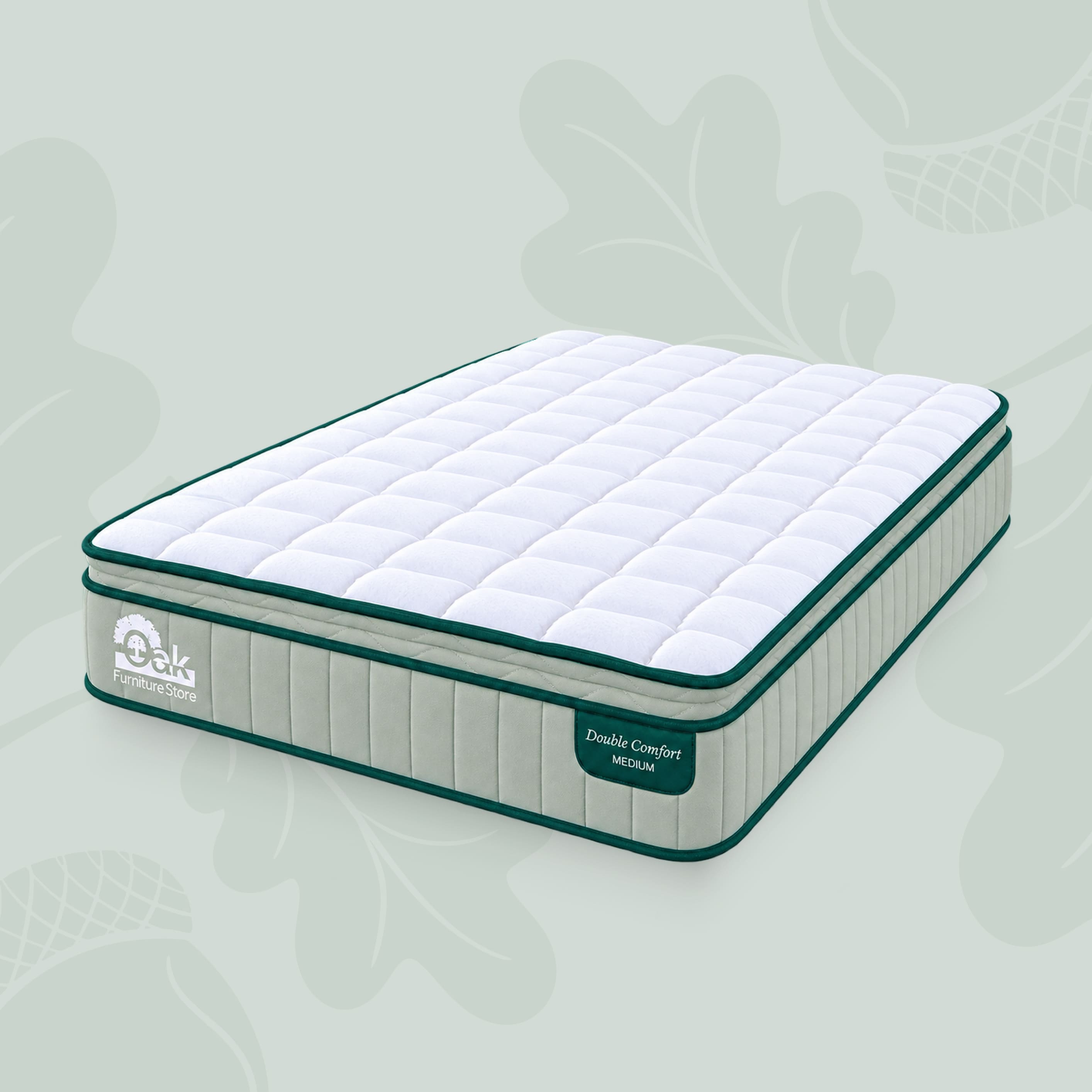 DoubleComfort Pocket Spring Mattress angled view with medium comfort label, green piping and quilted top