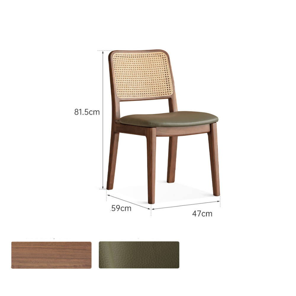 Modern solid walnut dining chair with leather pad and natural wood grain finish