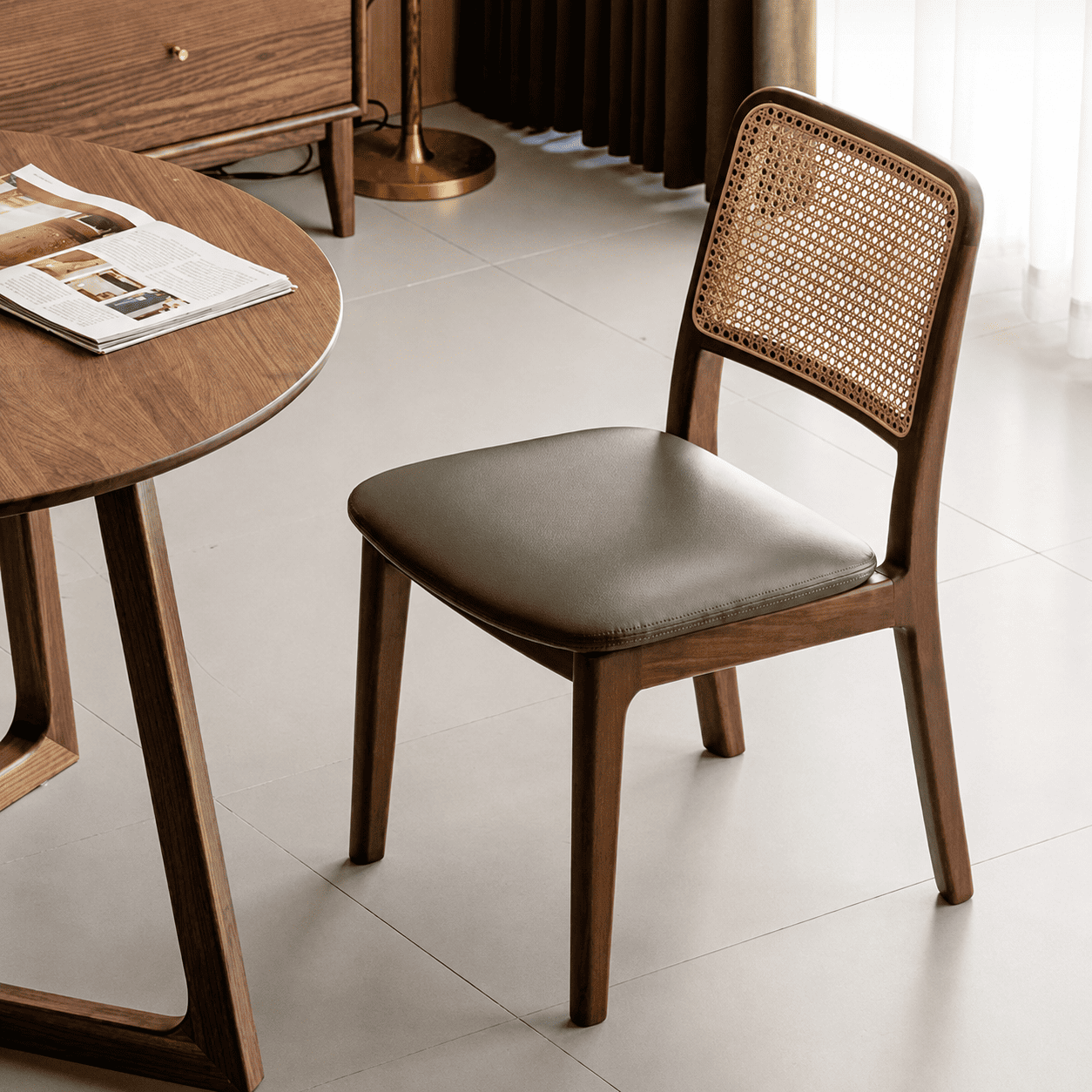 Natural solid walnut dining chair with cushioned leather pad and curved timber backrest