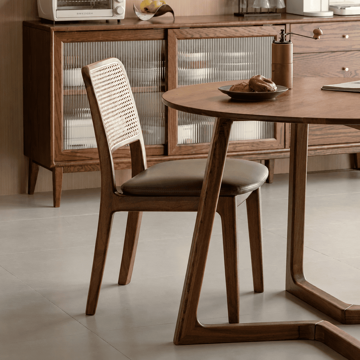 Ely walnut dining chair with leather seat pad for comfortable everyday dining