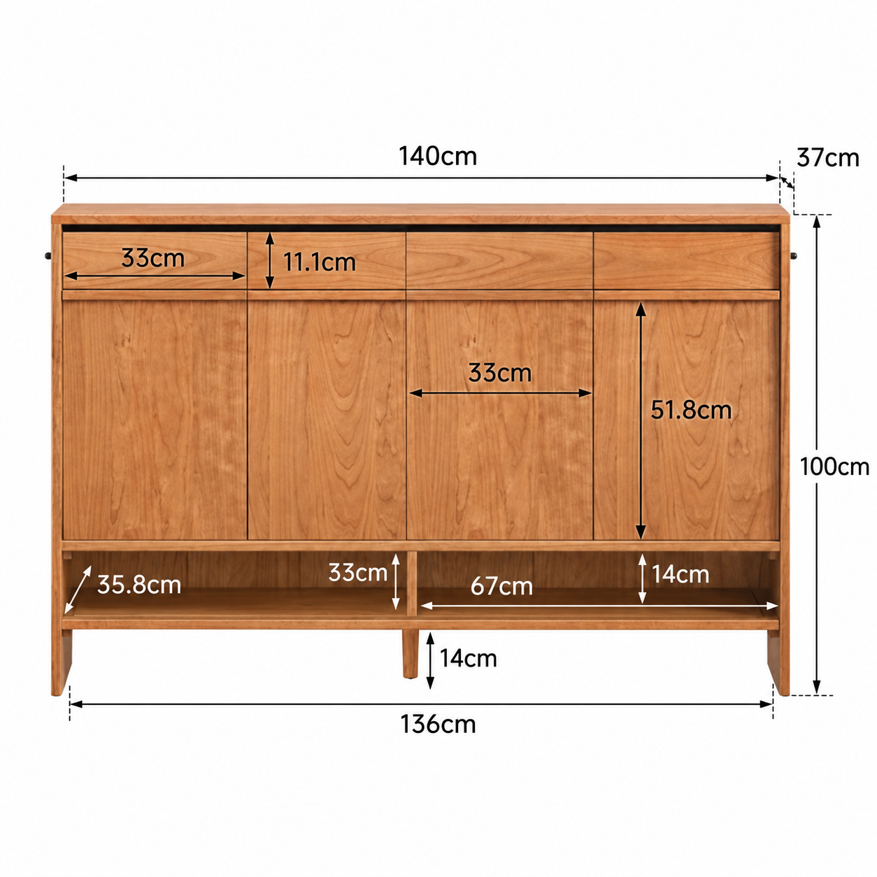 Enna natural solid cherry 140 cm shoe cabinet internal storage dimension guide