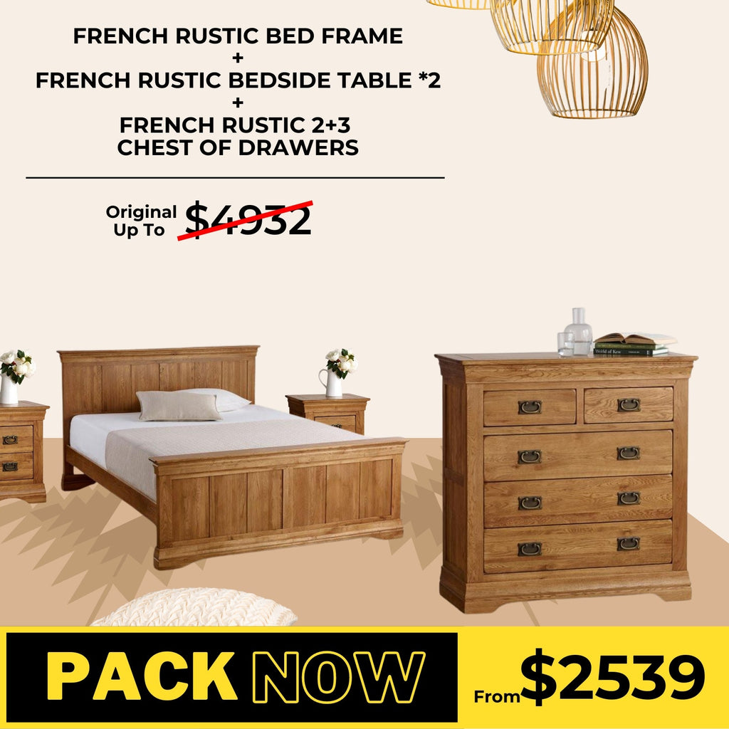 French Rustic Solid Oak Bed Frame, Bedside Table, and 2+3 Drawer Chest Package - Oak Furniture Store