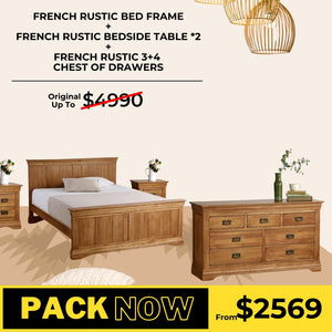 French Rustic Solid Oak Bed Frame, Bedside Table, and Chest Of Drawer Package - Oak Furniture Store