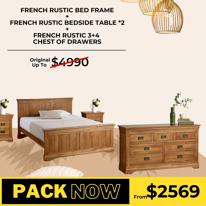 French Rustic Solid Oak Bed Frame, Bedside Table, and Chest Of Drawer Package