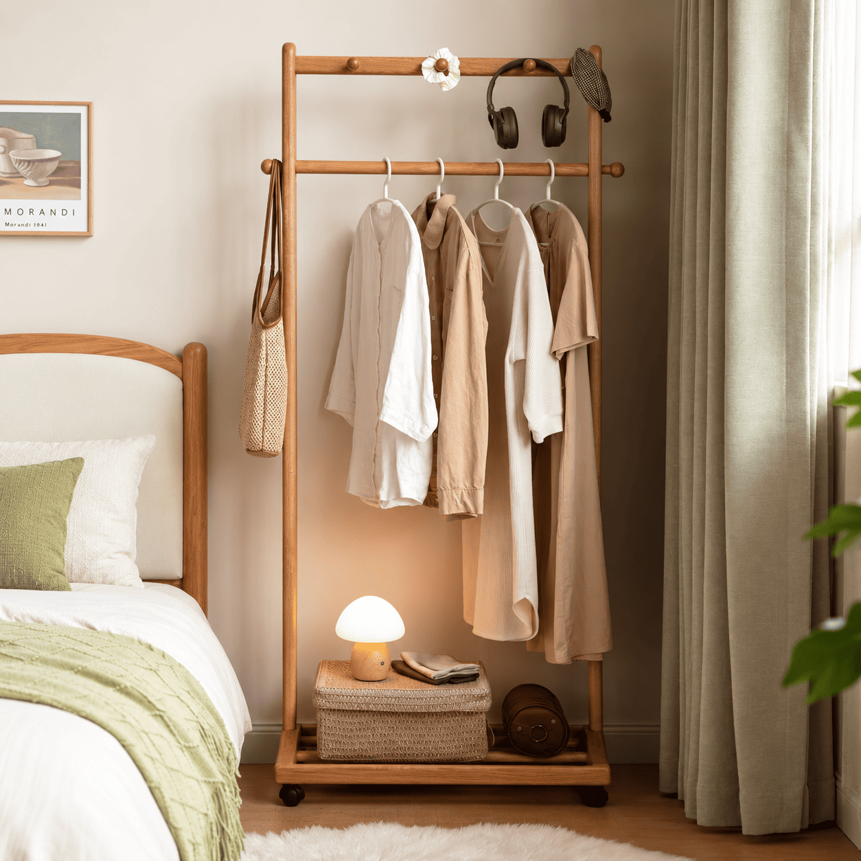 Fukuoka natural solid oak movable coat rack with hanging clothes and lower storage shelf in bedroom setting