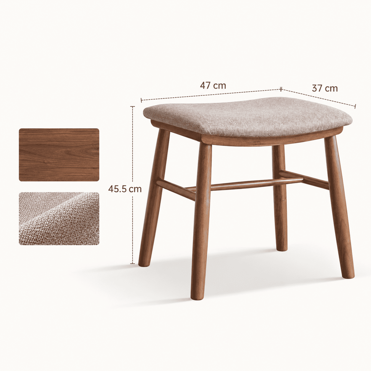 Graz natural solid walnut dressing stool dimension image with 47cm width, 37cm depth and 45.5cm height